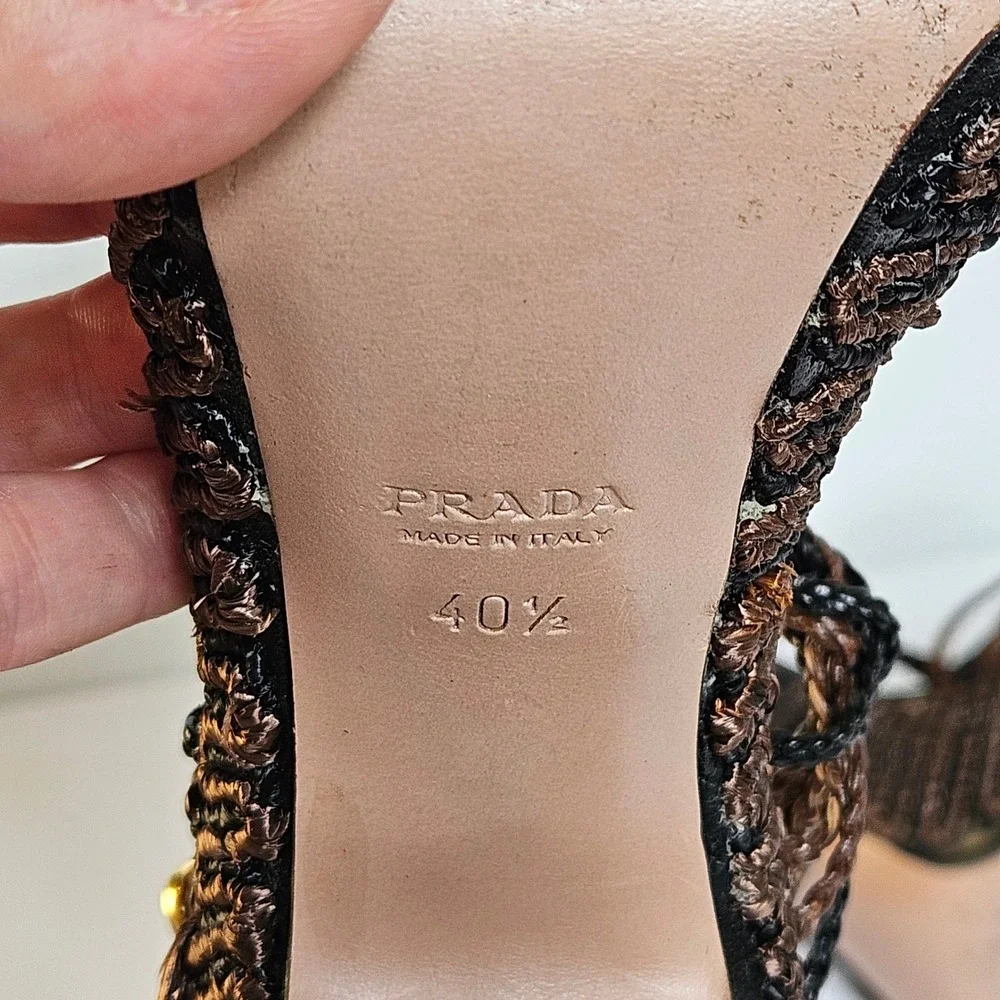 Prada Woven Bronze Metallic Platform Sandals Block Heel Knotted Raffia 40.5 IT